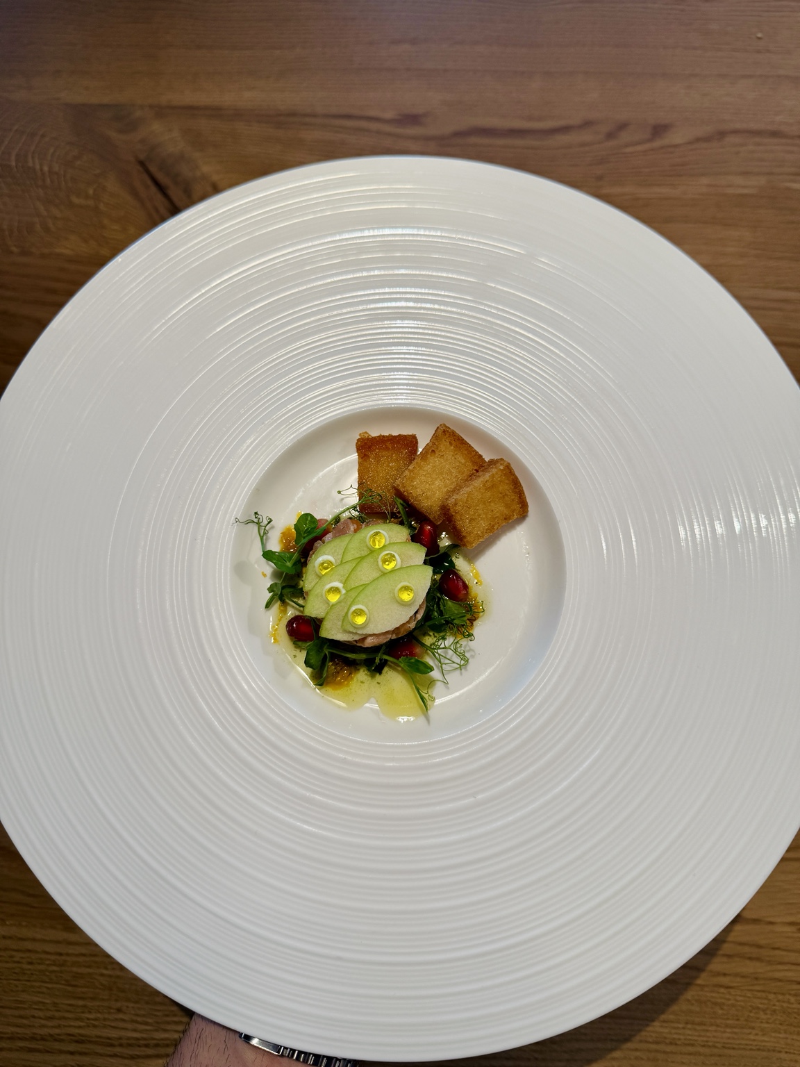 HORIZON dish with salmon tartare, apple, wasabi mayo, truffle caviar and brioche