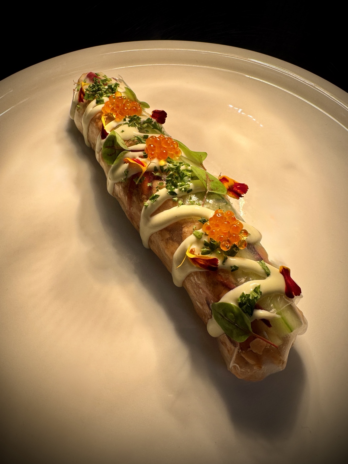 ORIGAMI dish with salmon, rice paper, wasabi mayonnaise and trout caviar
