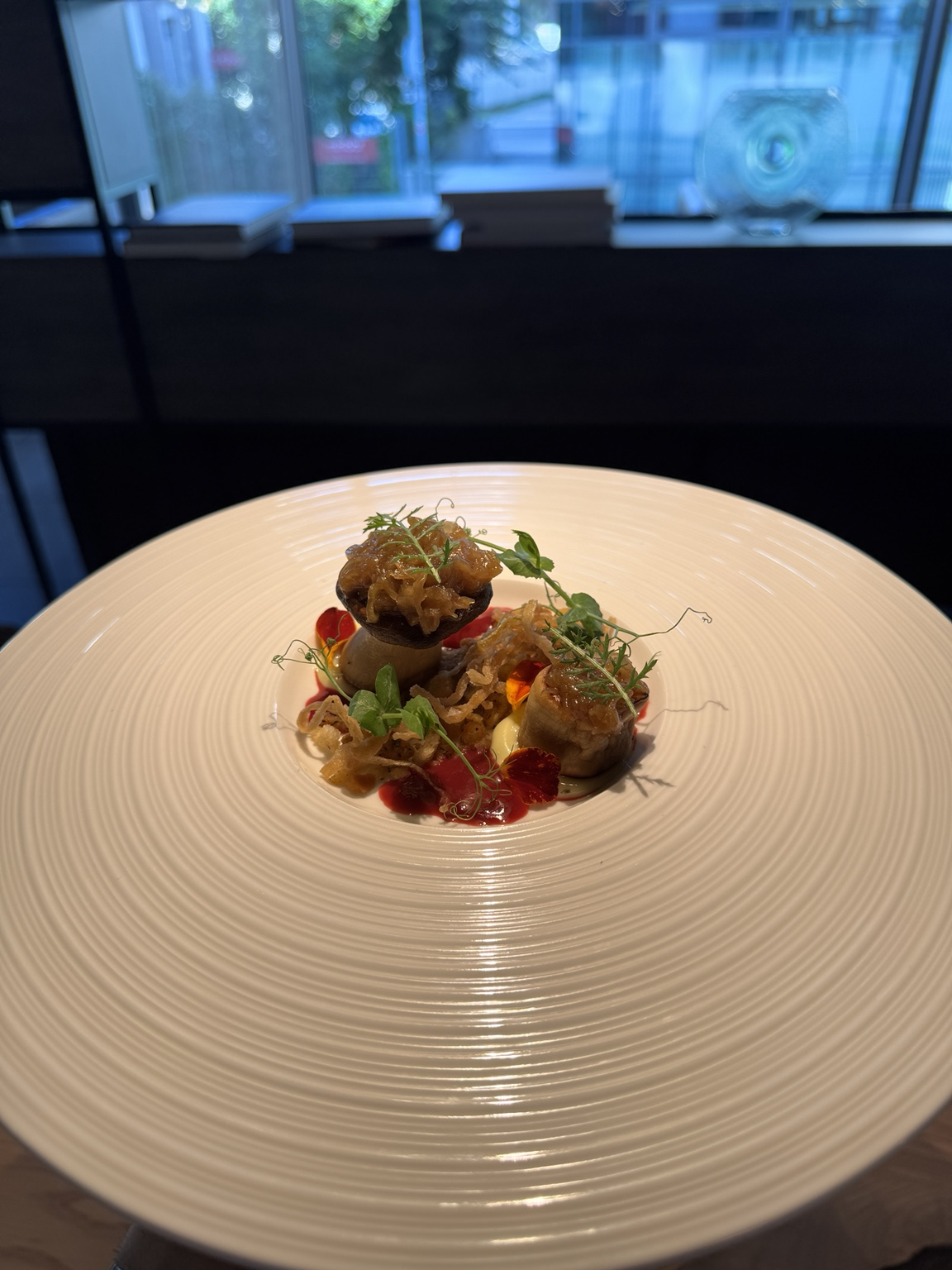 UNDERWOOD dish with king oyster mushroom, raspberry and wasabi mayonnaise